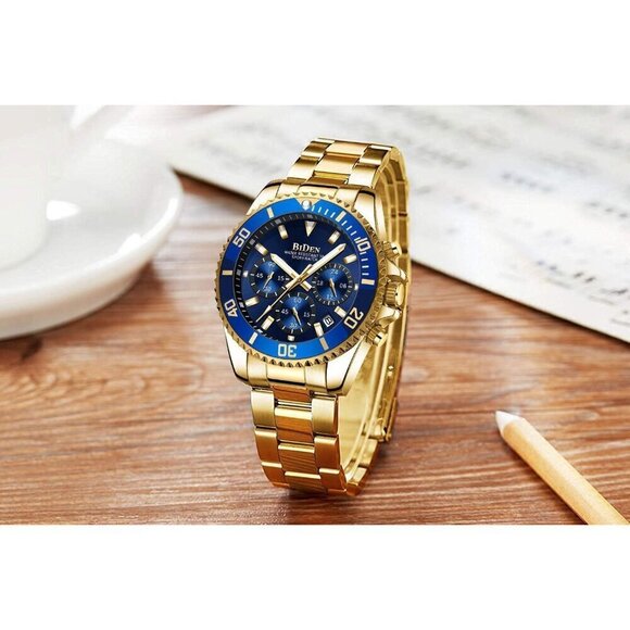 Men's Watches Chronograph Stainless Steel Blue Gold Wrist Watch Waterproof - Picture 7 of 9
